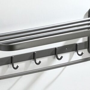 Towel organizer with shelf, rail and hooks