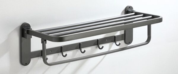 Towel organizer with shelf, rail and hooks
